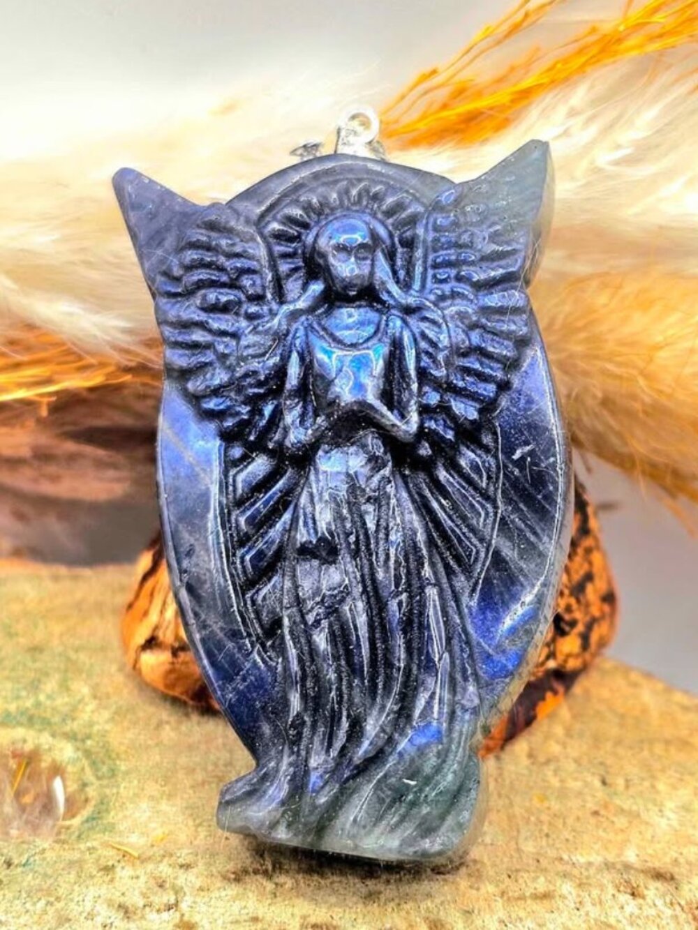 Nature Labradorite Carved Flashy Praying Angel Pendant Necklace